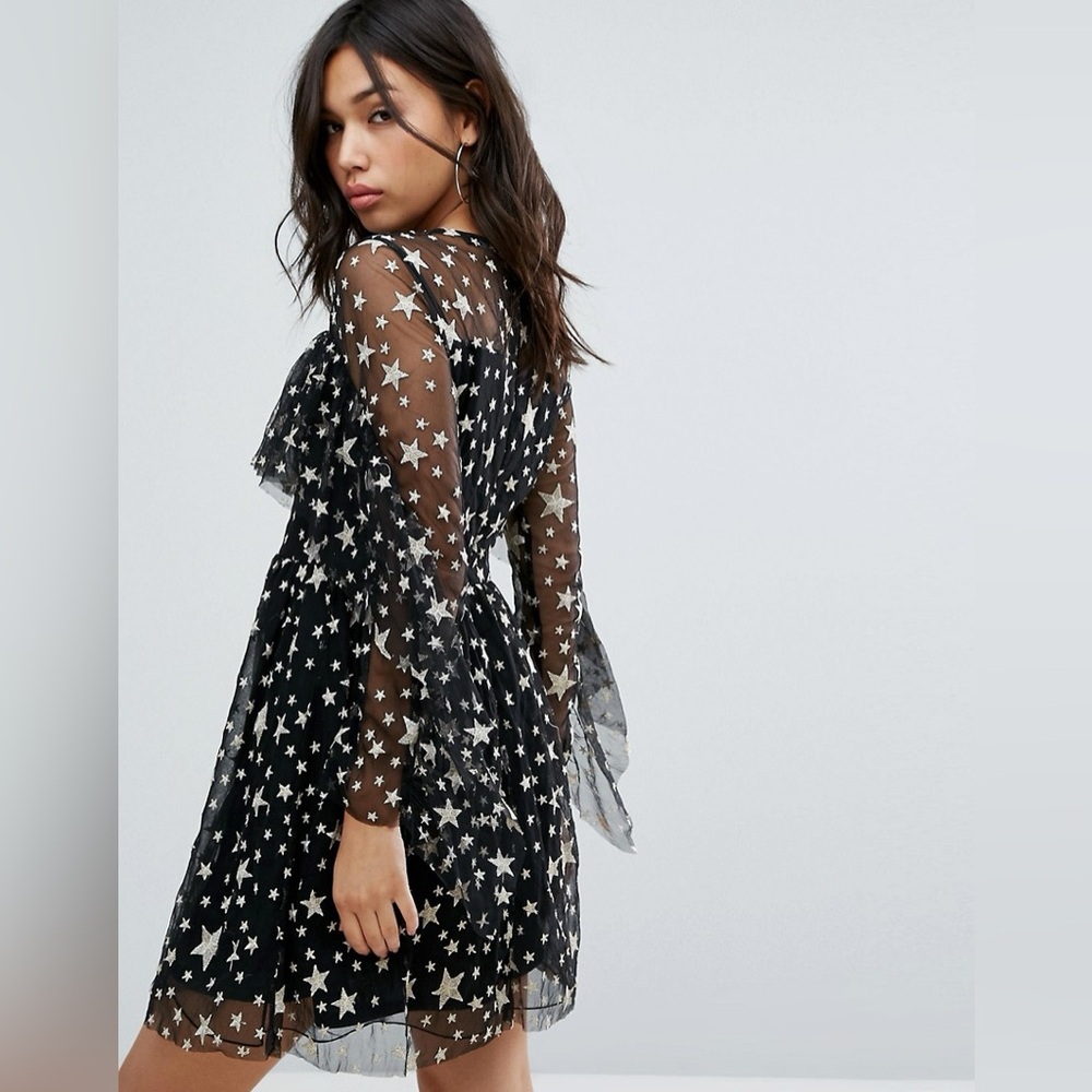 NEW ASOS BOOHOO Black Silver Embroidered Star Tulle Long Sleeve Dress - Picture 3 of 6